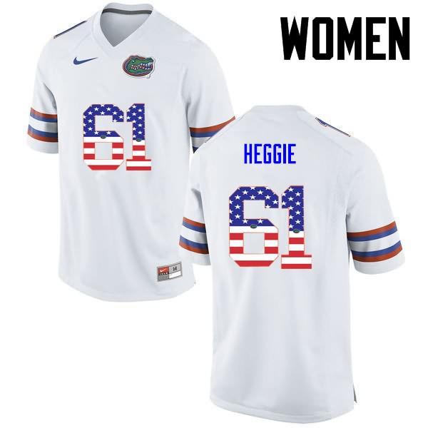 Women's NCAA Florida Gators Brett Heggie #61 Stitched Authentic USA Flag Fashion Nike White College Football Jersey VQE5765UX